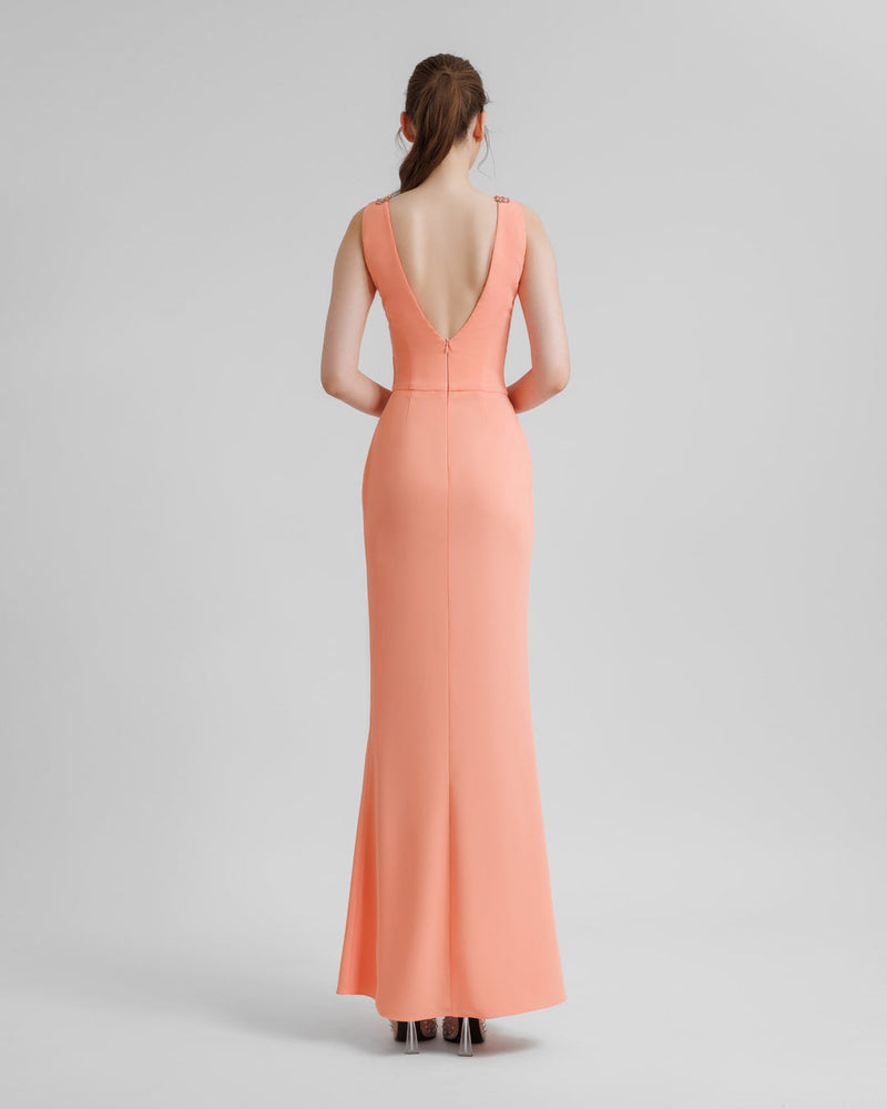 Gemy Maalouf V Neck Beaded Gown with Slit