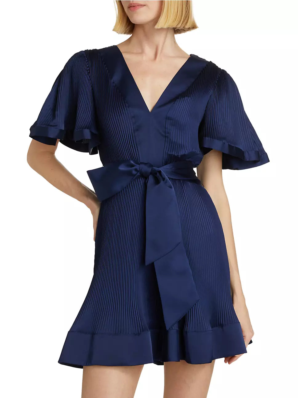 Milly Ellie Satin Pleated Short-sleeve Minidress - Navy Milly Ellie Satin Pleated Short-sleeve Minidress - Navy