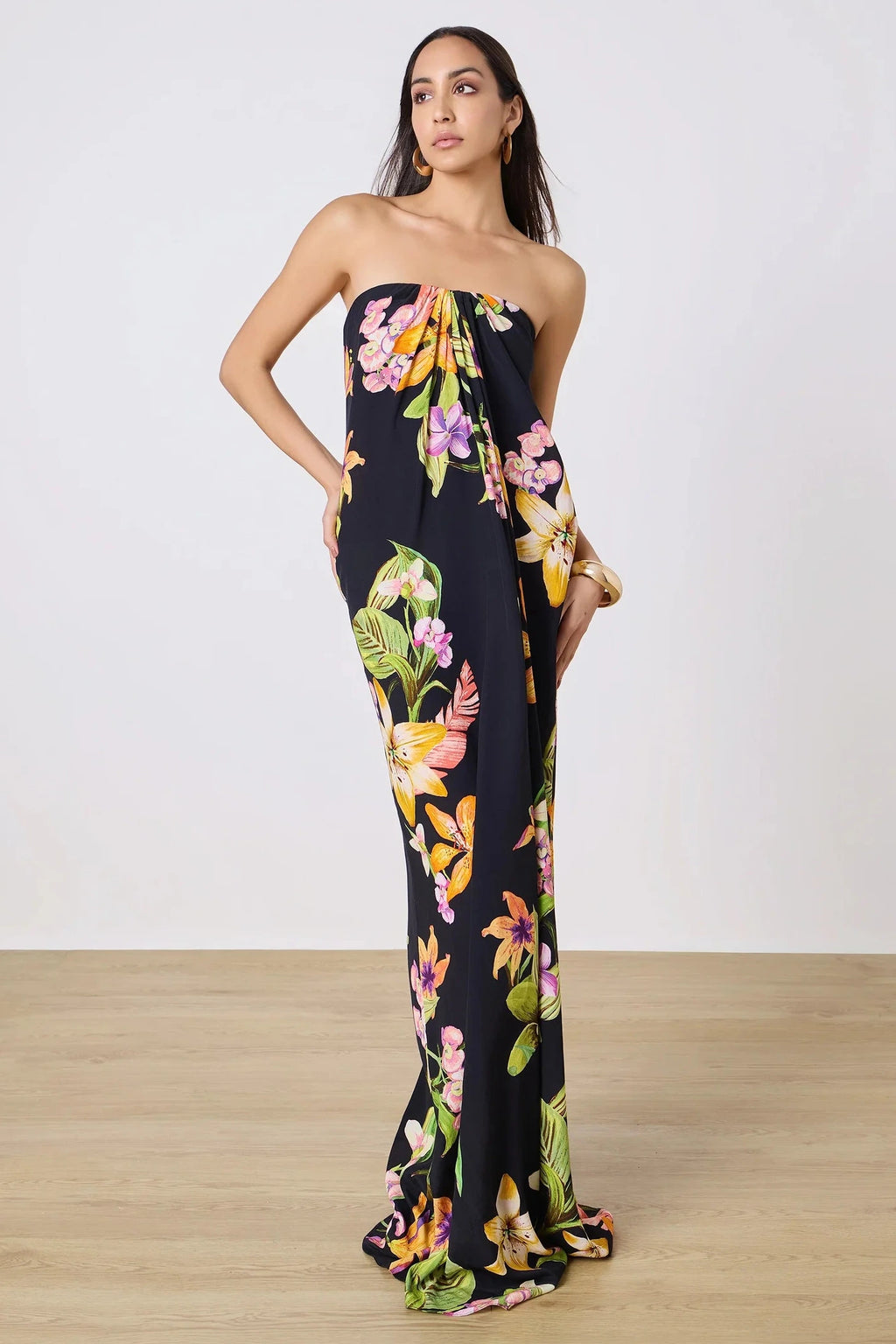 Rococo Sand Viscose Crepe Heavy Strapless Drape Maxi Dress Black