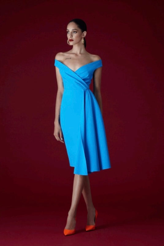 blue dress for baby girl Greta Constantine // Neoprene Ruched Midi Dress – VSP Consignment main image 0
