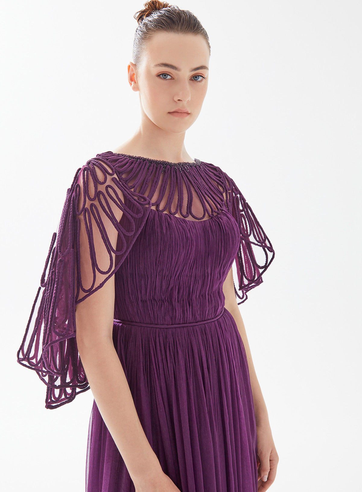 Tarik Ediz Plumbella   Futuristic Cape Dress with Pleats Gown