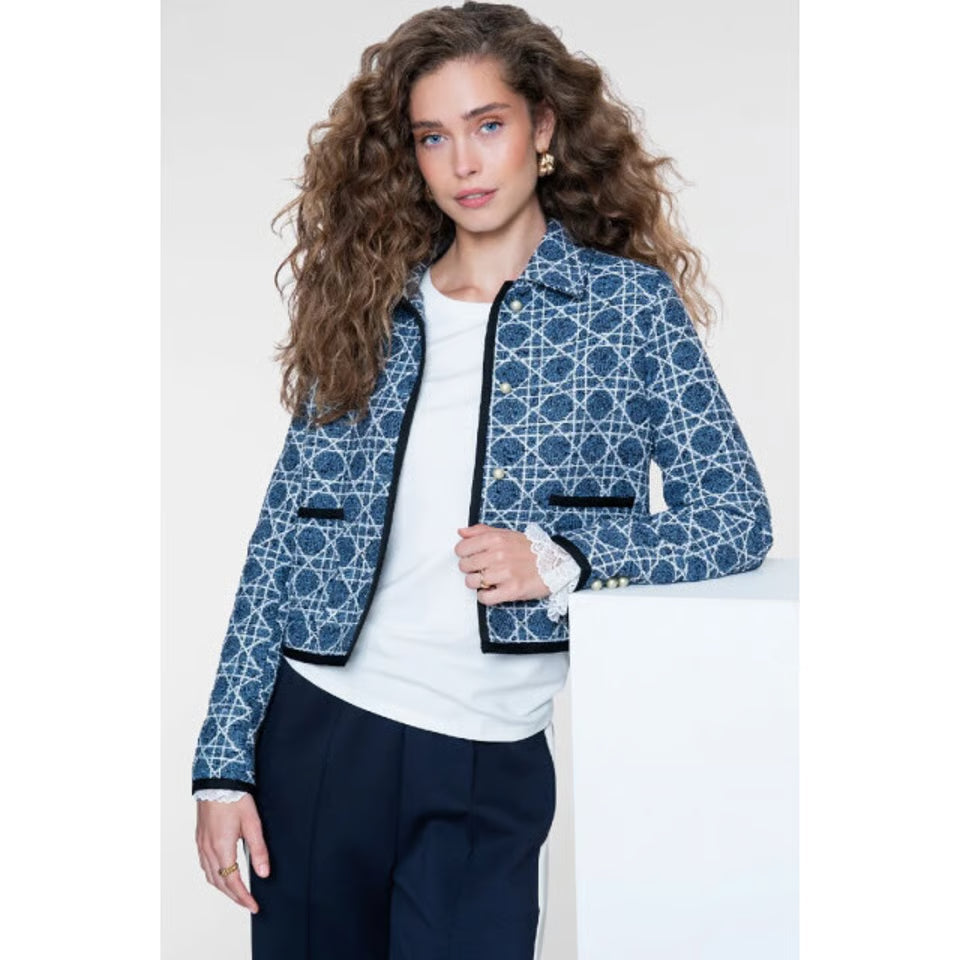 Geisha Women's Casual Tweed-Style Jacquard Jacket - Indigo Navy