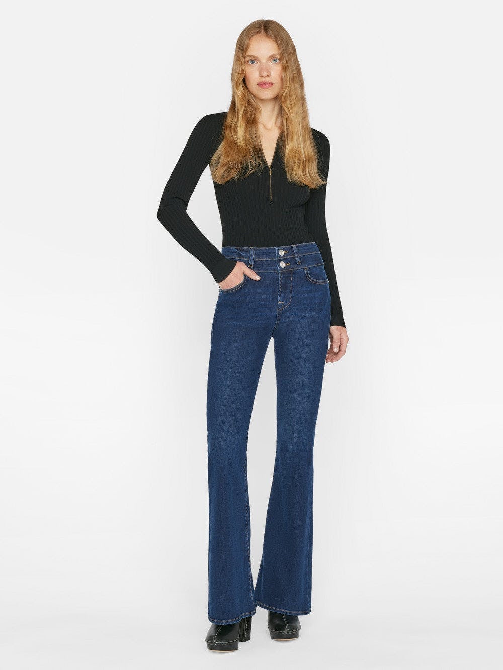 Frame Double Waist Band High Flare Jean – Très Chic