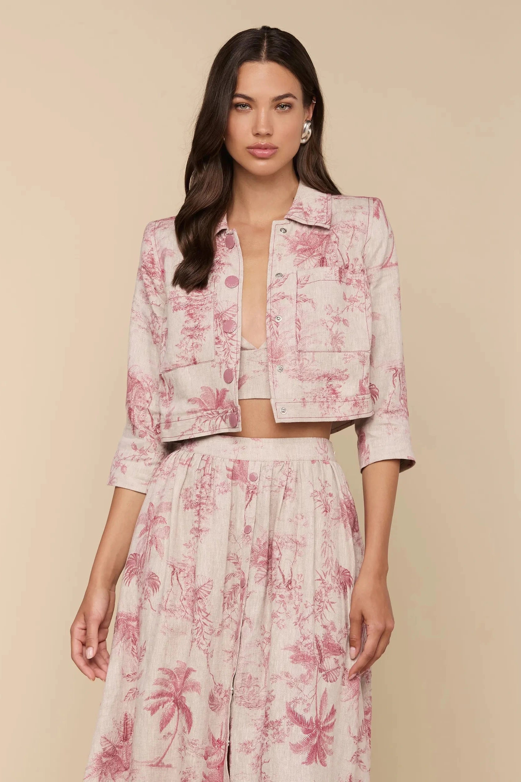 L'Agence Veste Courte Eda Manches 3/4 Tan Multi Jungle Texturée