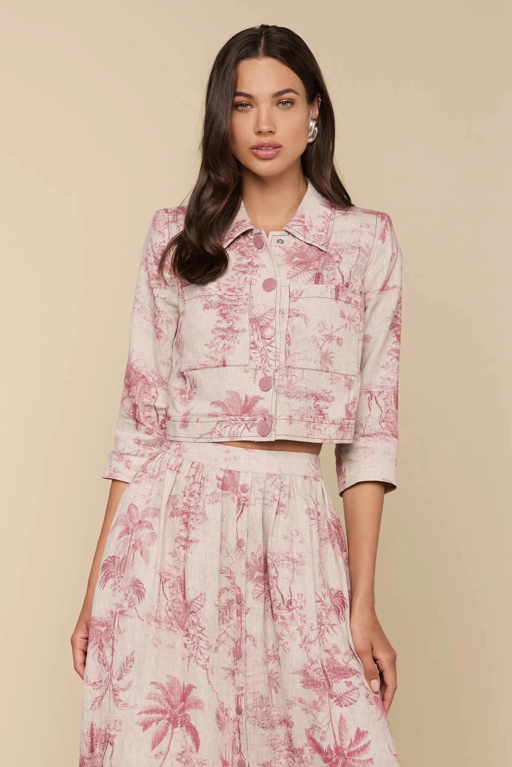 L'Agence Veste Courte Eda Manches 3/4 Tan Multi Jungle Texturée