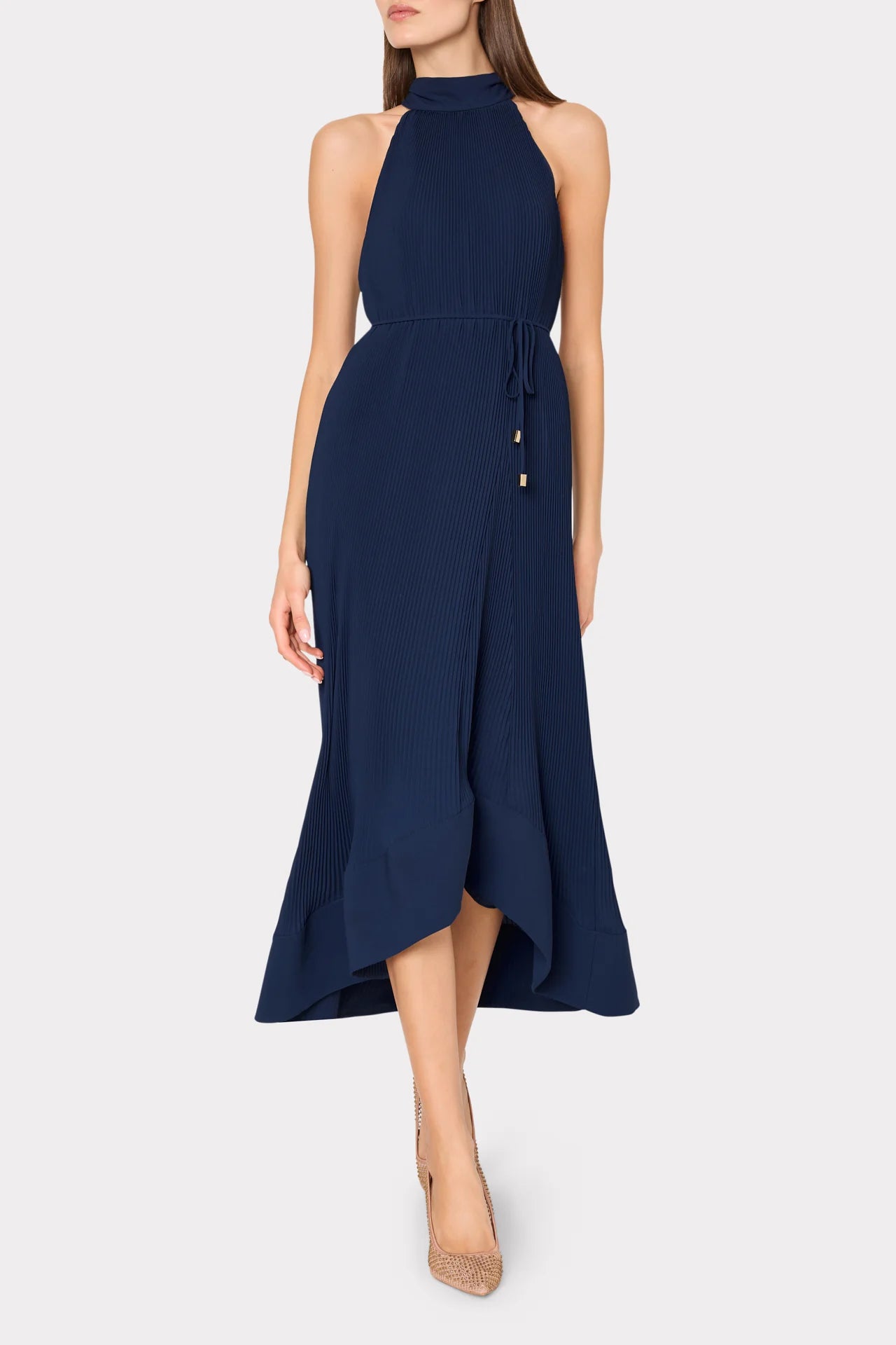 Milly Nalani Pleated Midi Dress Navy