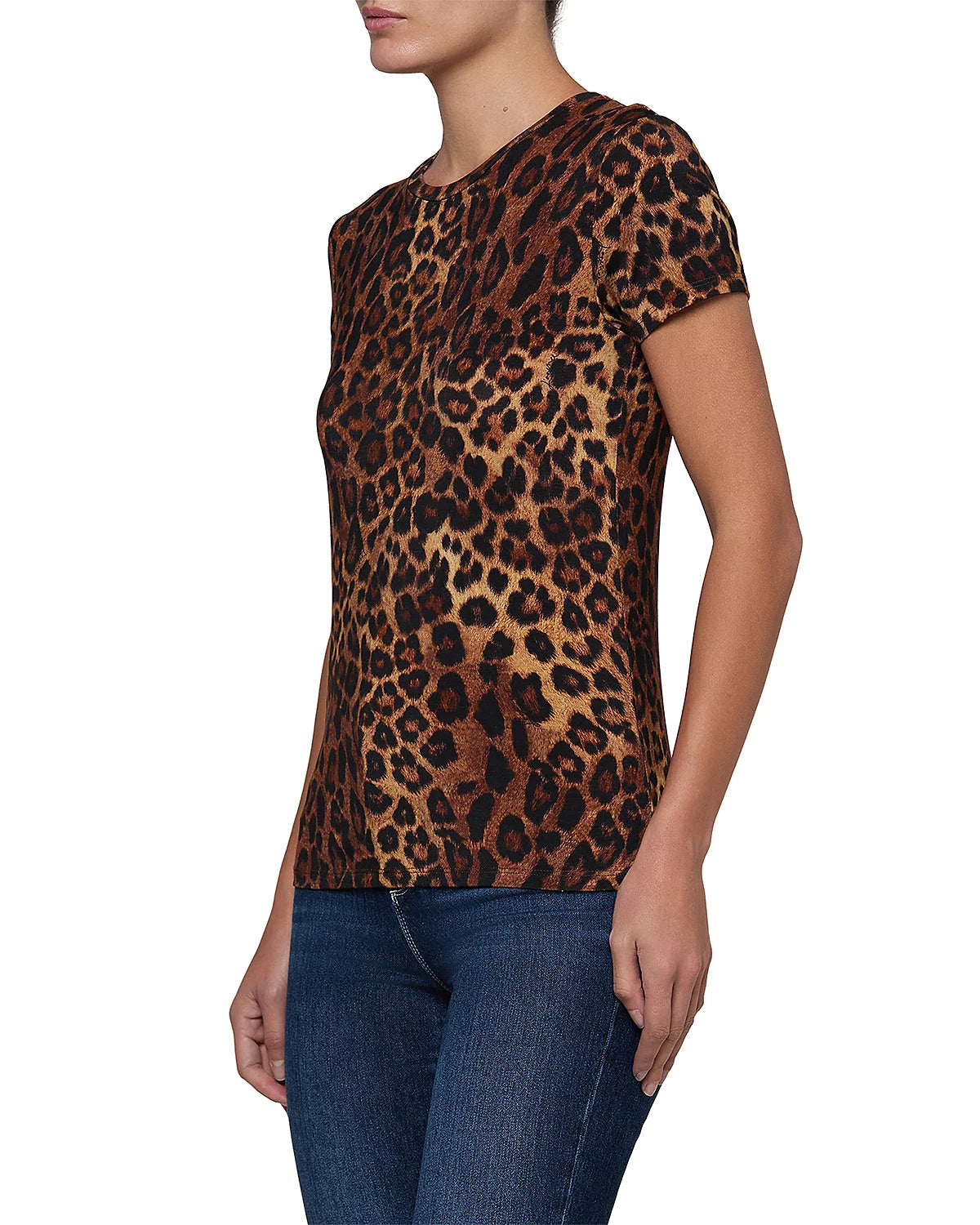 L'Agence 5507CXA-TJVL Ressi haut à manches courtes et col rond beige à imprimé léopard du mont Javan