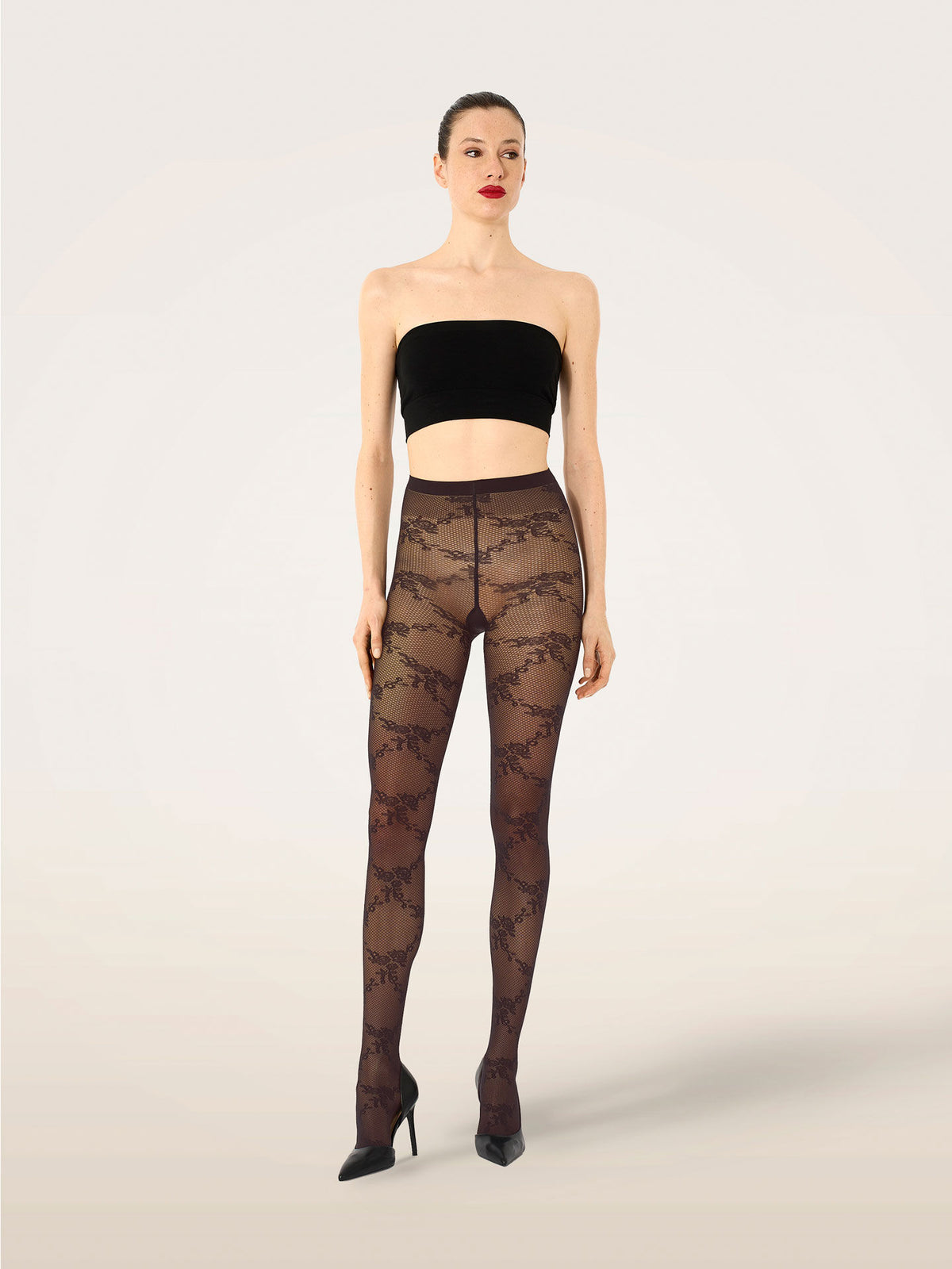 Wolford Floral Lace Tights Dark Wood