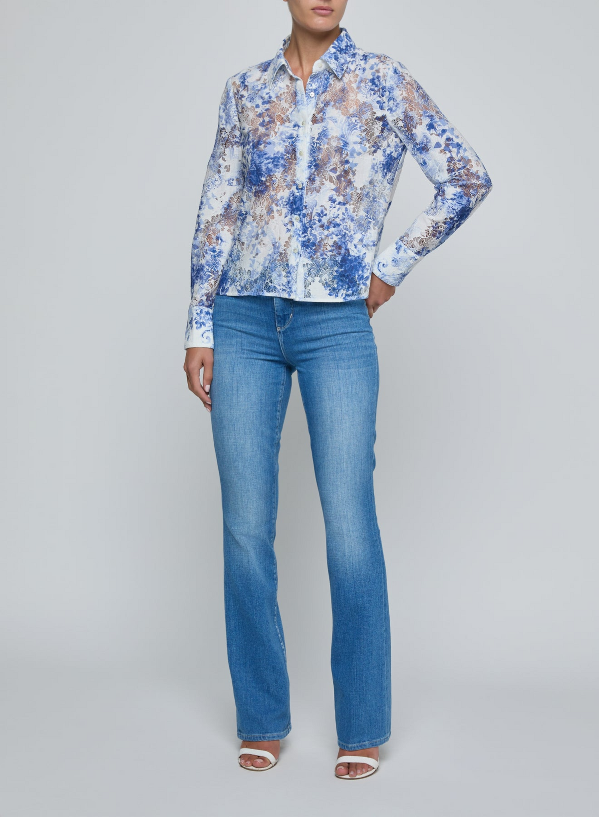 L'Agence Maia Lace Blouse Ivory Blue Watercolour Paisley