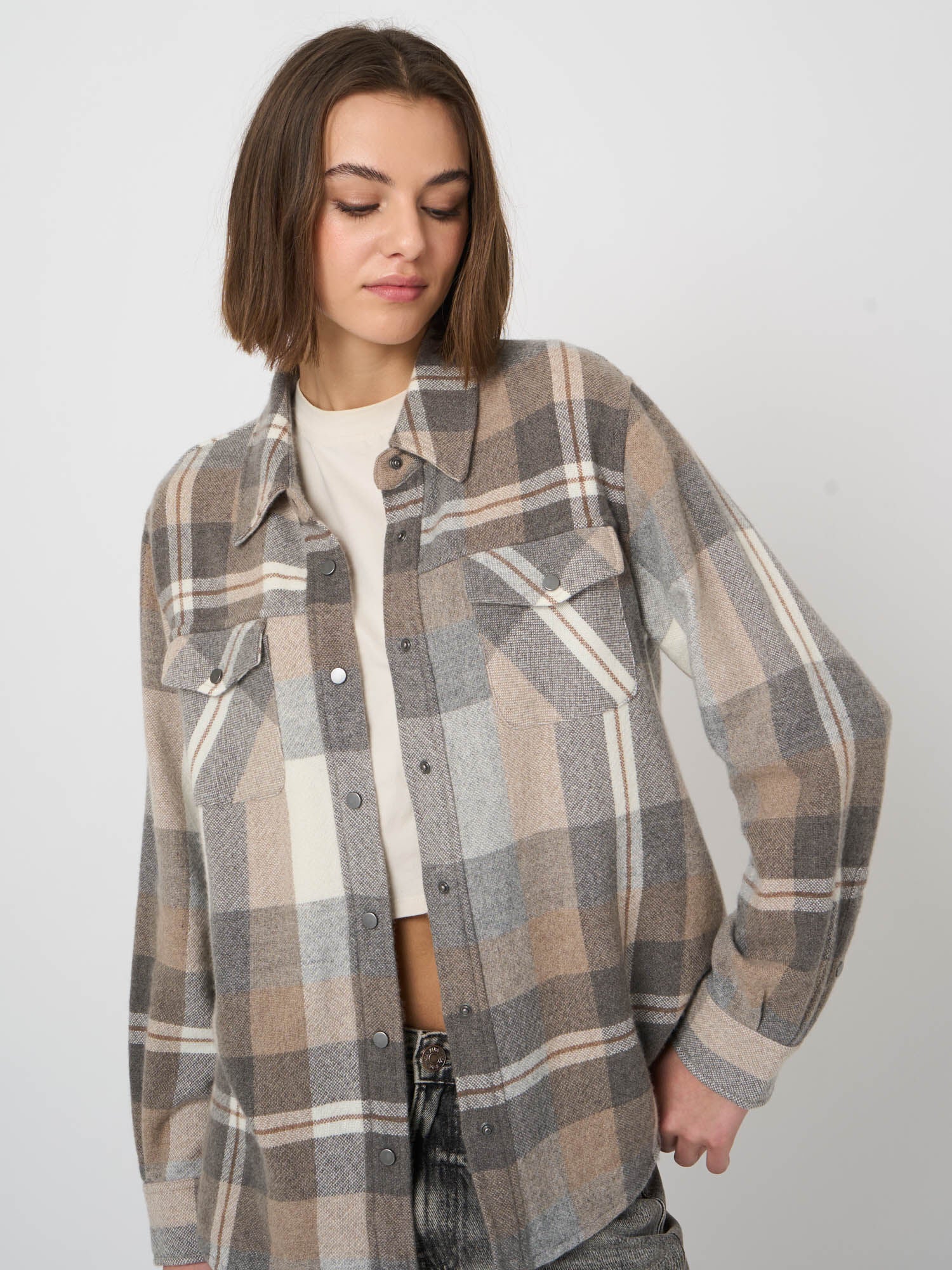 Repeat Organic Cashmere Woven Blouse - Multi Check