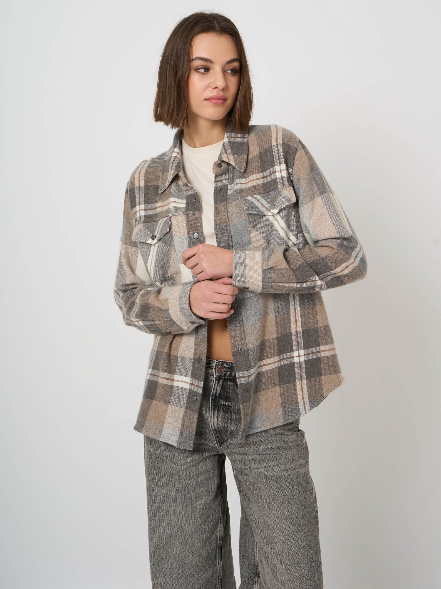 Repeat Organic Cashmere Woven Blouse - Multi Check
