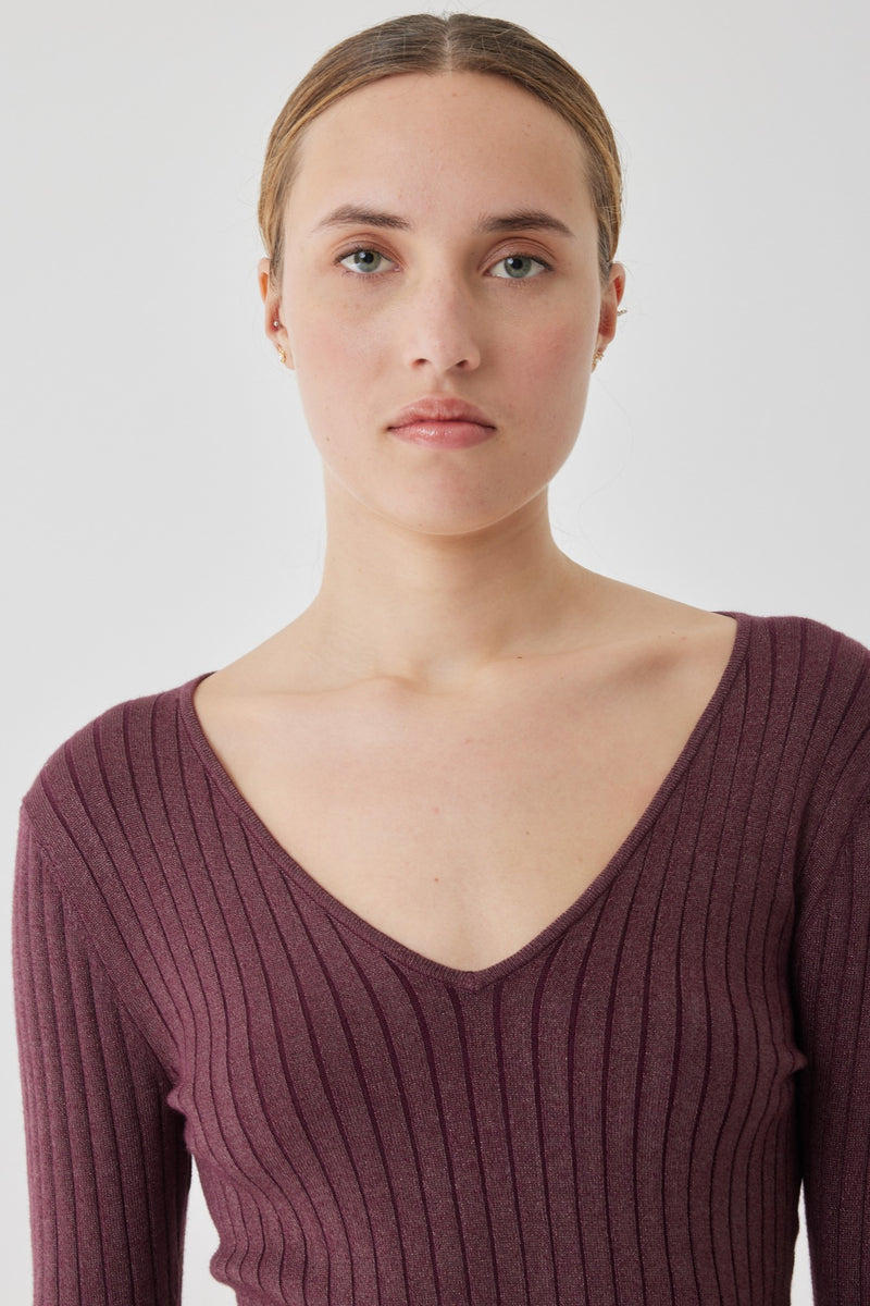 Majestic Filatures Organic Cotton V-Neck Sweater With Metallic Rib Stretch