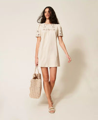 Twinset Short Linen Blend Dress With Embroidery