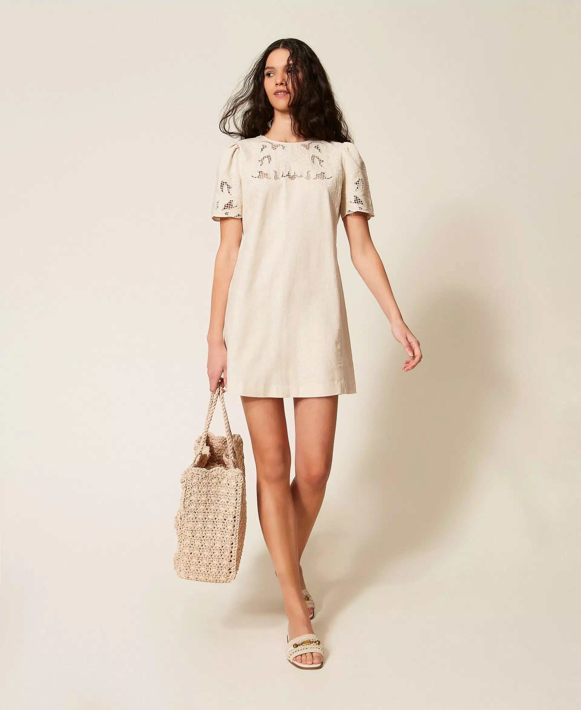 Twinset Short Linen Blend Dress With Embroidery