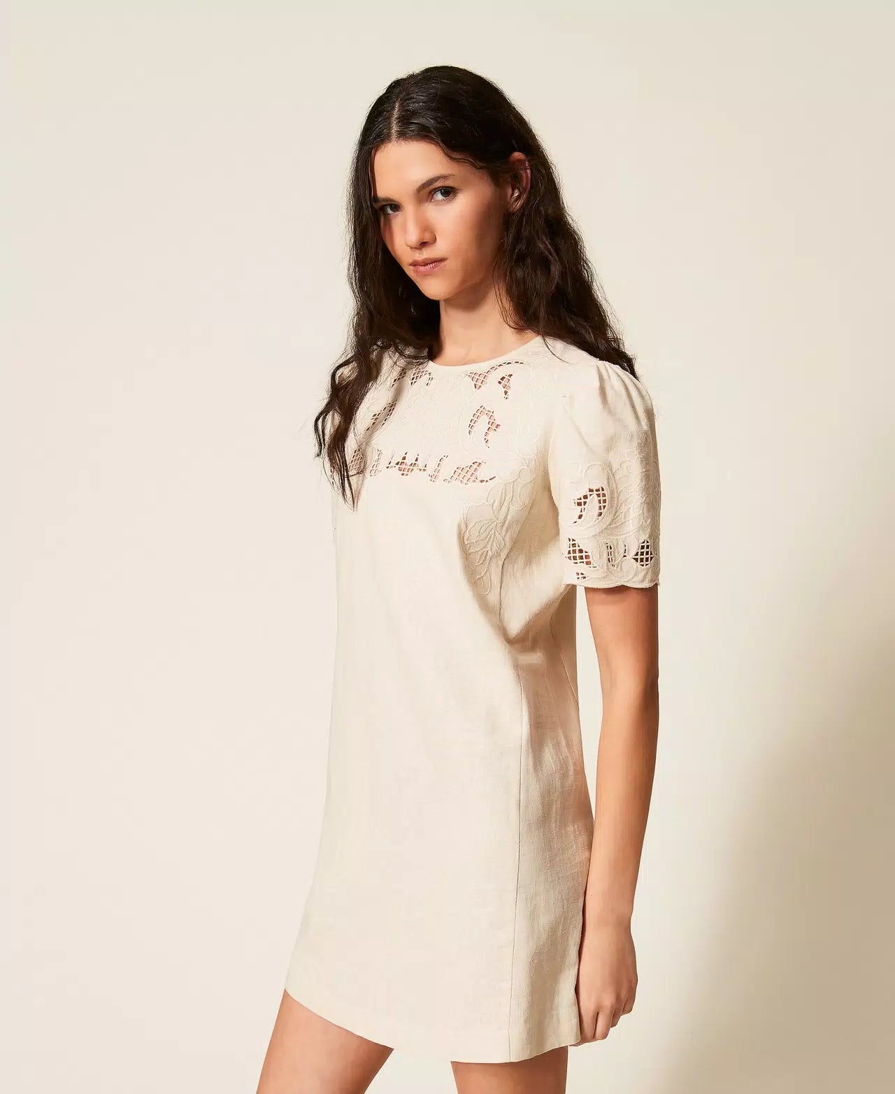 Twinset Short Linen Blend Dress With Embroidery