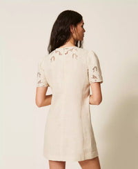 Twinset Short Linen Blend Dress With Embroidery