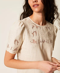 Twinset Short Linen Blend Dress With Embroidery