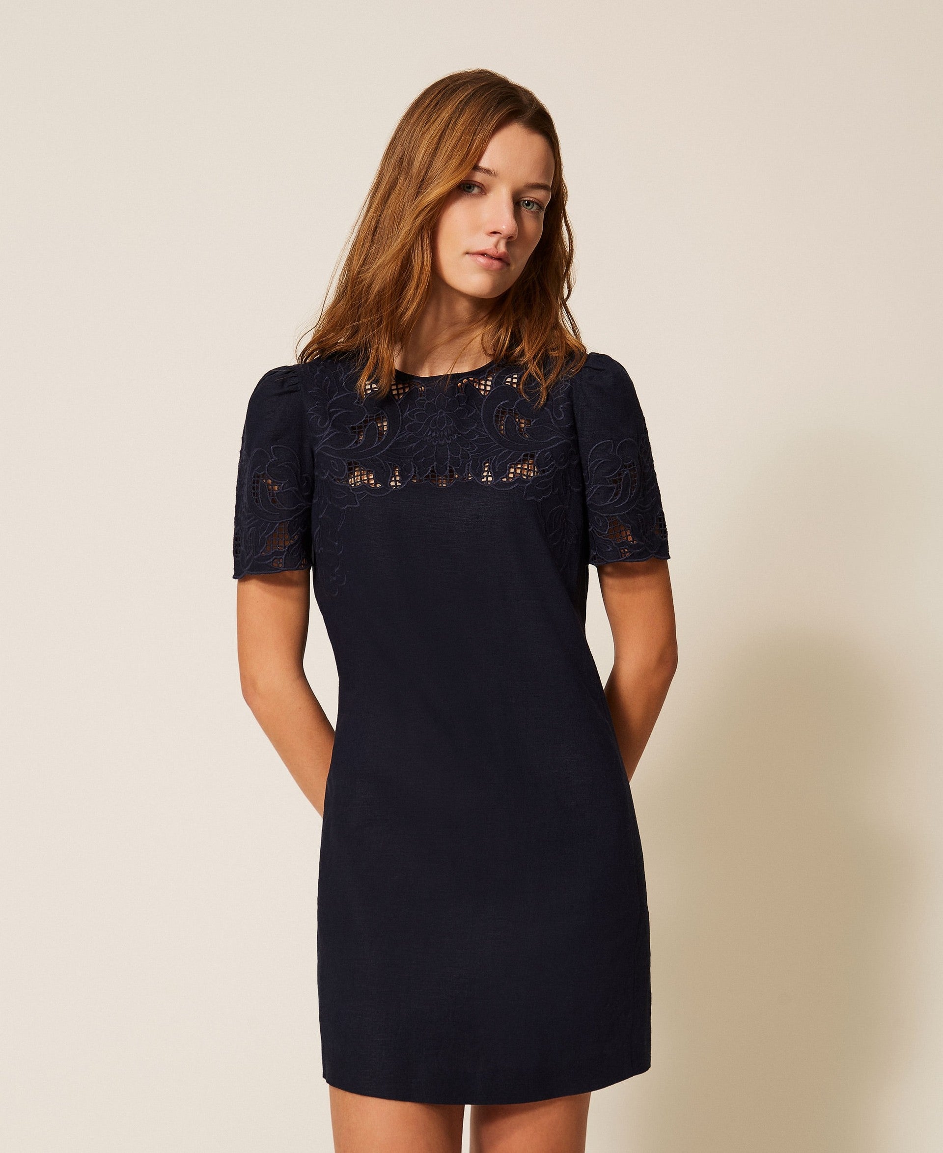 Twinset Short Linen Blend Dress With Embroidery Twinset Short Linen Blend Dress With Embroidery