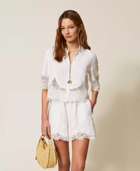 Twinset Linen Shorts With Lace White