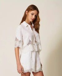 Twinset Linen Shorts With Lace White