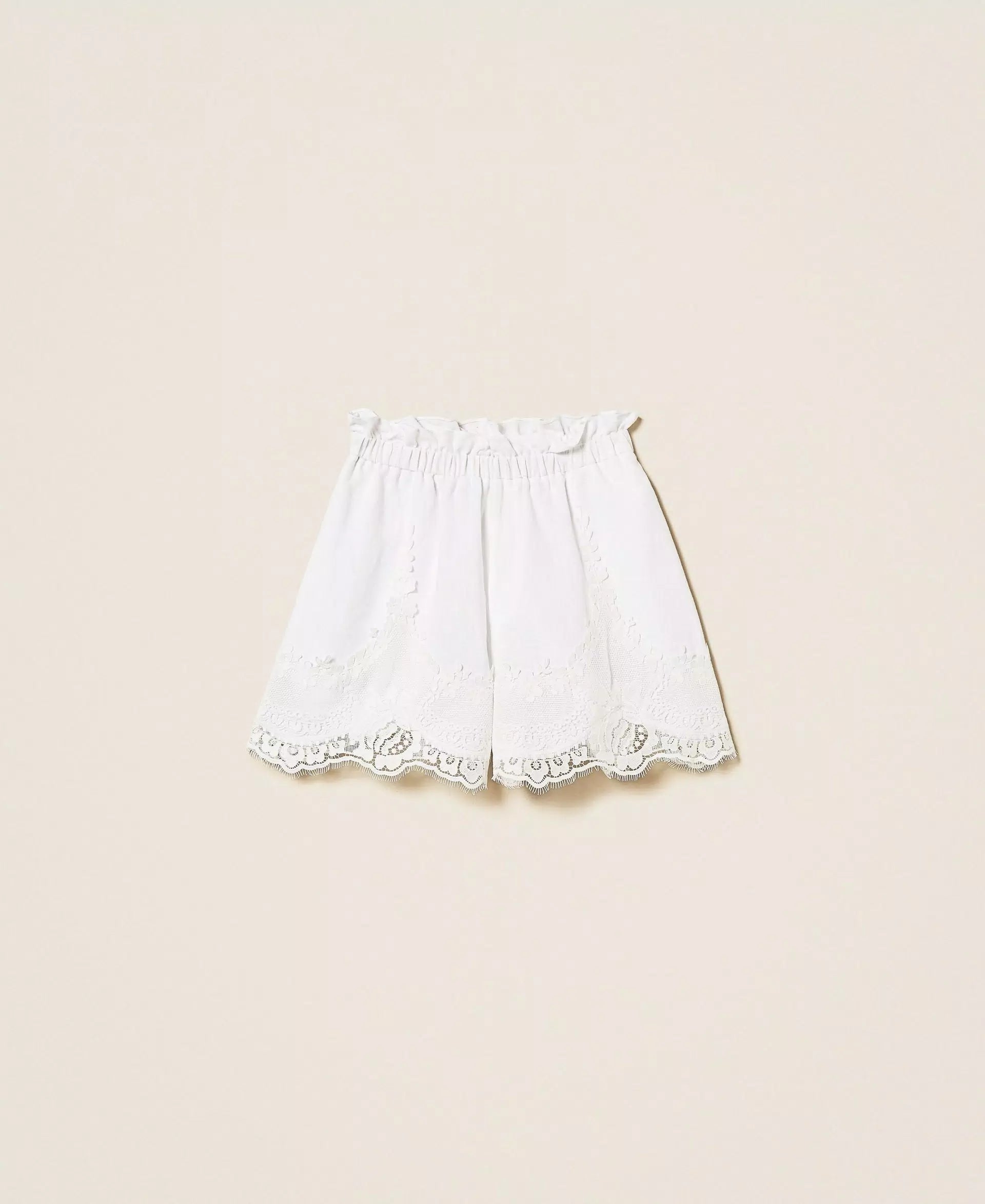 Twinset Linen Shorts With Lace White
