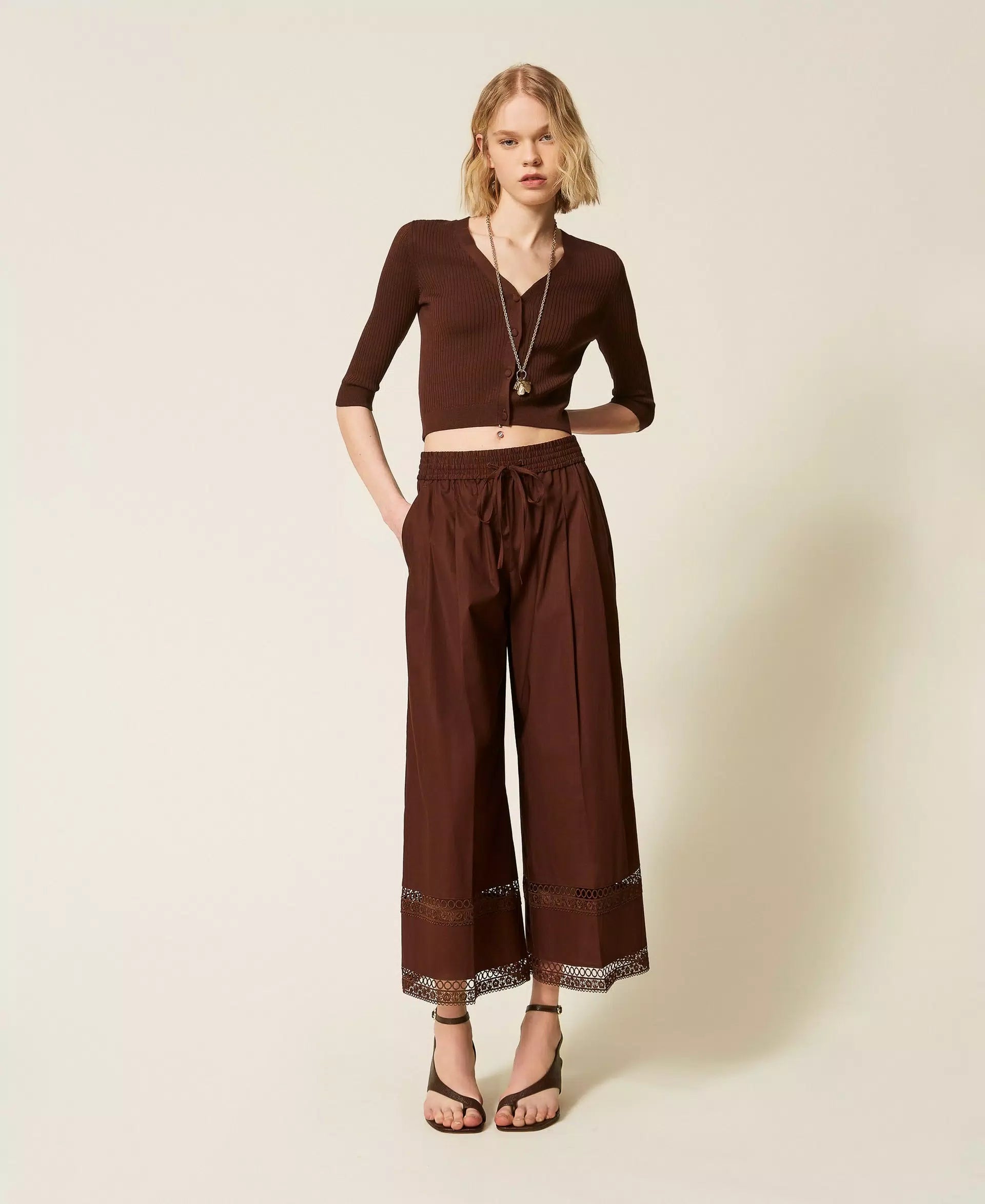 Twinset Wide Poplin Trousers With Embroidery