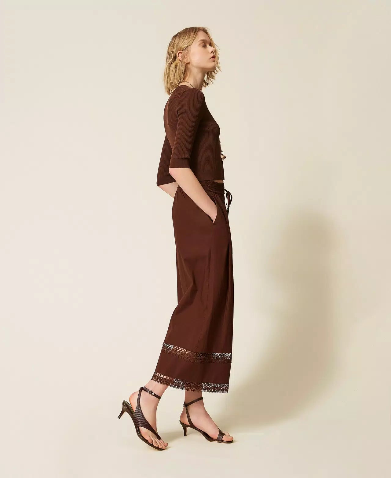 Twinset Wide Poplin Trousers With Embroidery