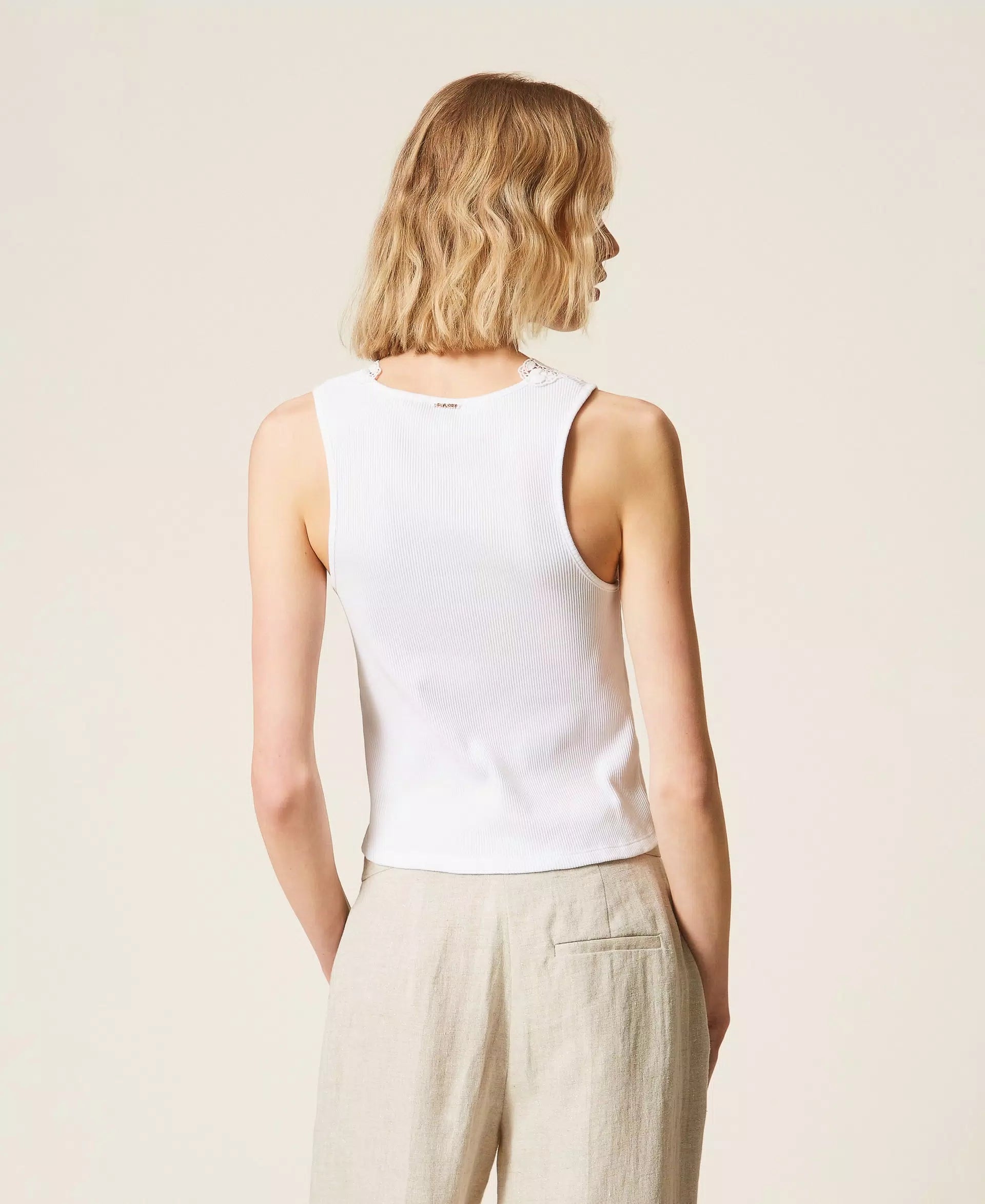 Top côtelé avec dentelle Twinset blanc