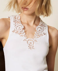 Top côtelé avec dentelle Twinset blanc