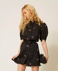 Twinset Short Ramie Dress With Embroidery Black