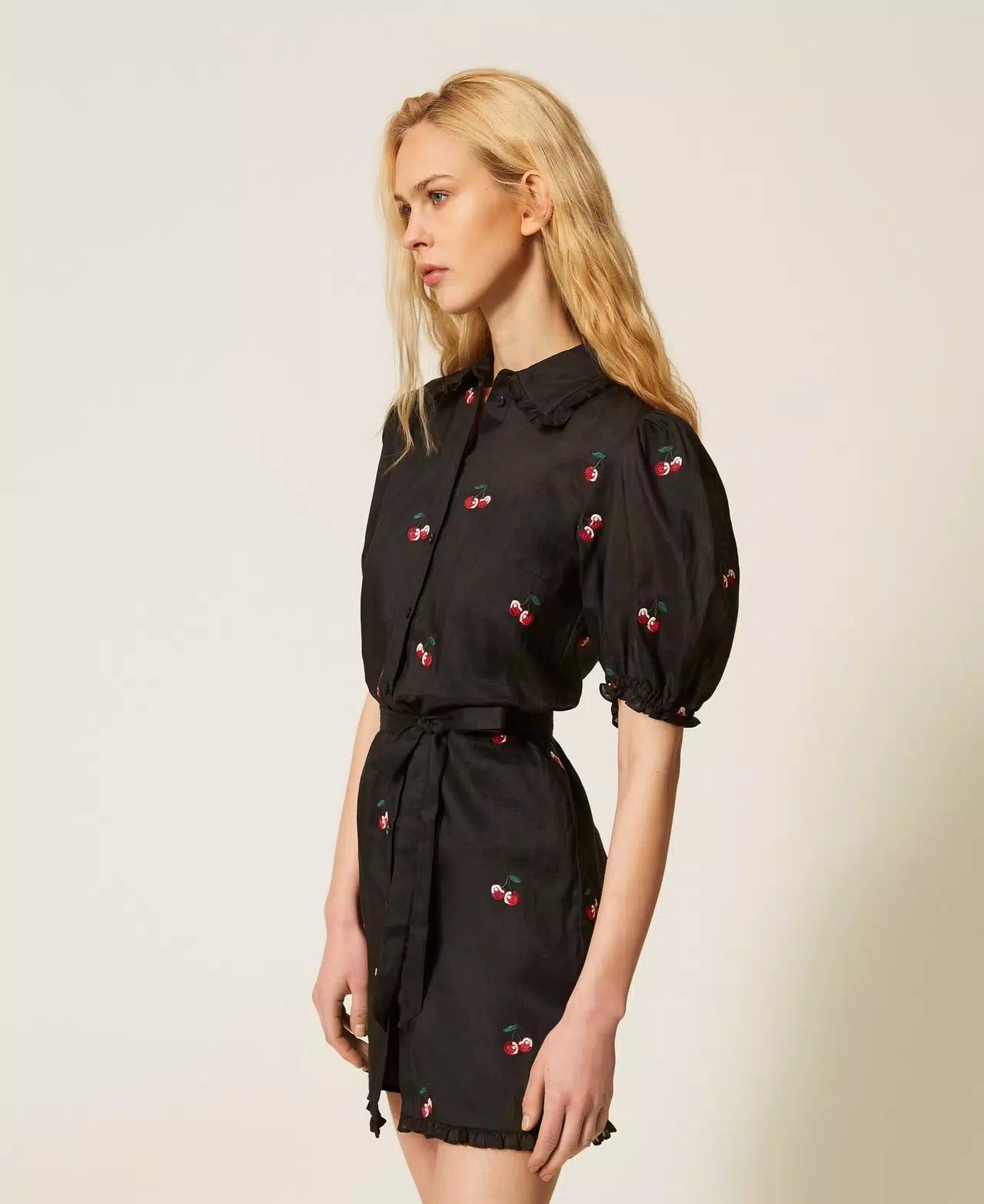 Twinset Short Ramie Dress With Embroidery Black