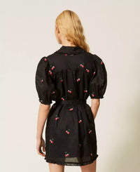 Twinset Short Ramie Dress With Embroidery Black