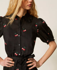 Twinset Short Ramie Dress With Embroidery Black