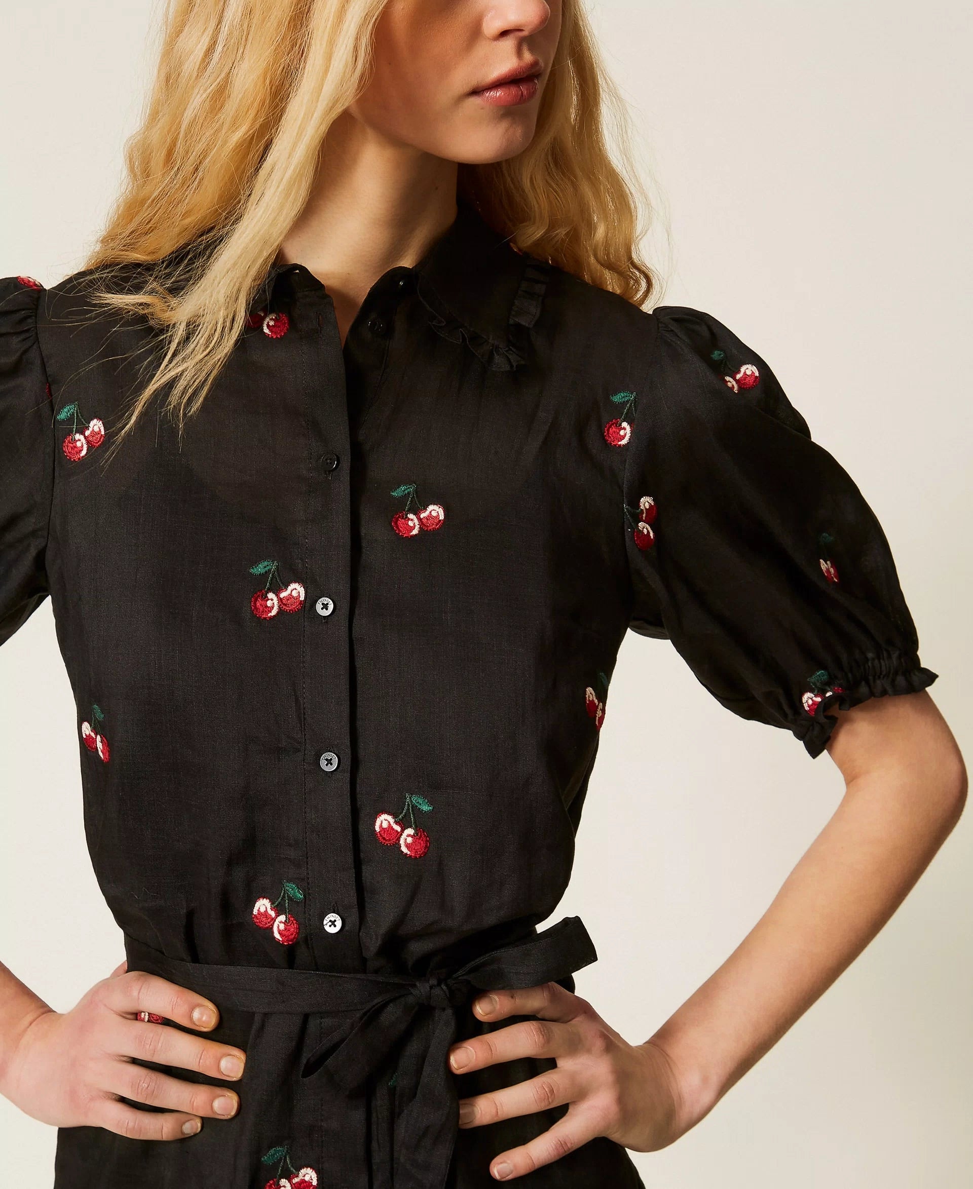 Twinset Short Ramie Dress With Embroidery Black