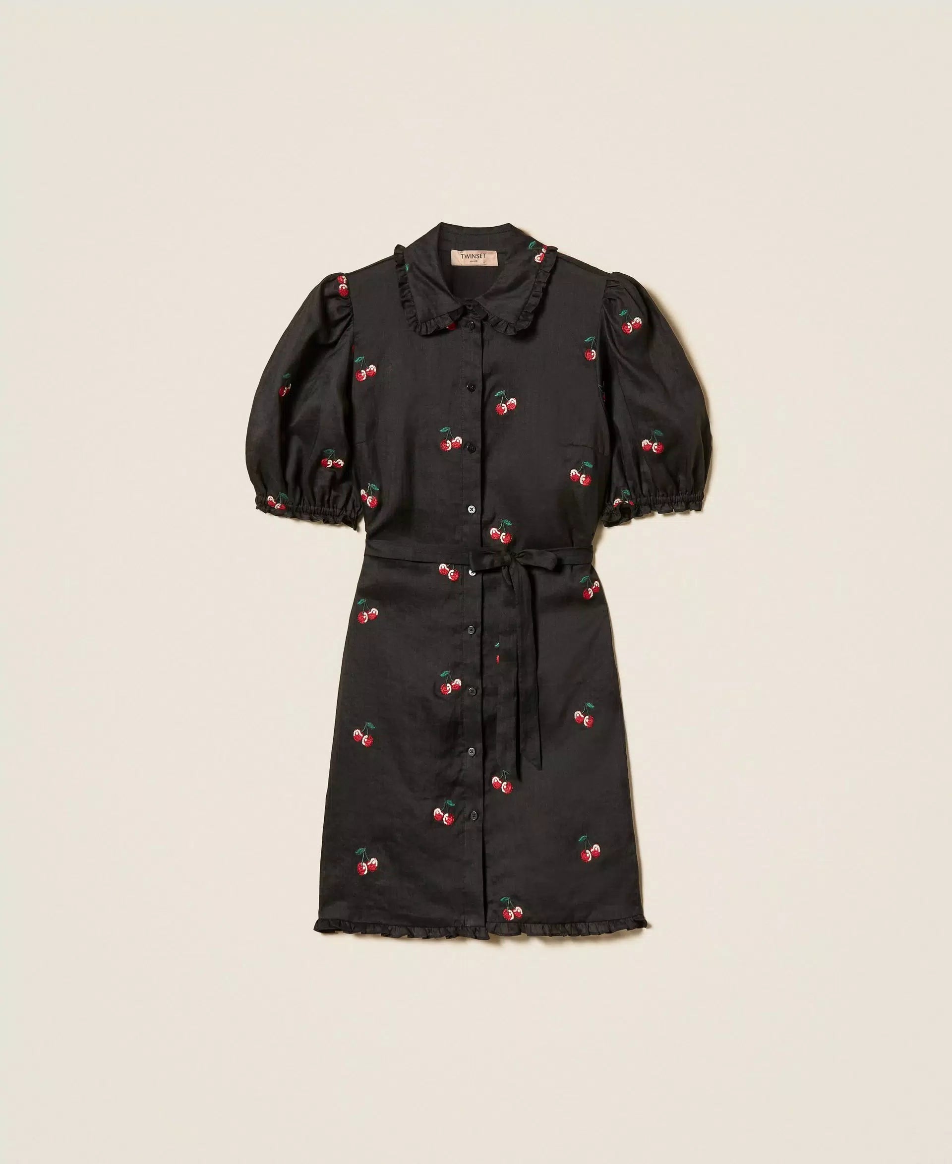 Twinset Short Ramie Dress With Embroidery Black