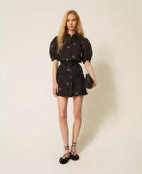 Twinset Short Ramie Dress With Embroidery Black