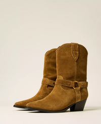 Twinset Suede Cow Ankle Boots Oak Beige