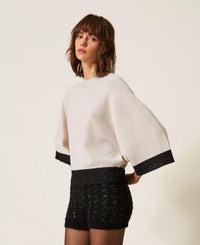 Twinset Cropped Wool and Cashmere Jumper with Lurex - Parchment Gold/Black