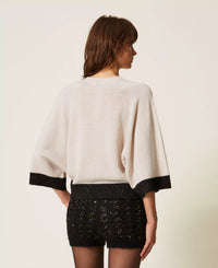 Twinset Cropped Wool and Cashmere Jumper with Lurex - Parchment Gold/Black