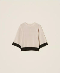 Twinset Cropped Wool and Cashmere Jumper with Lurex - Parchment Gold/Black