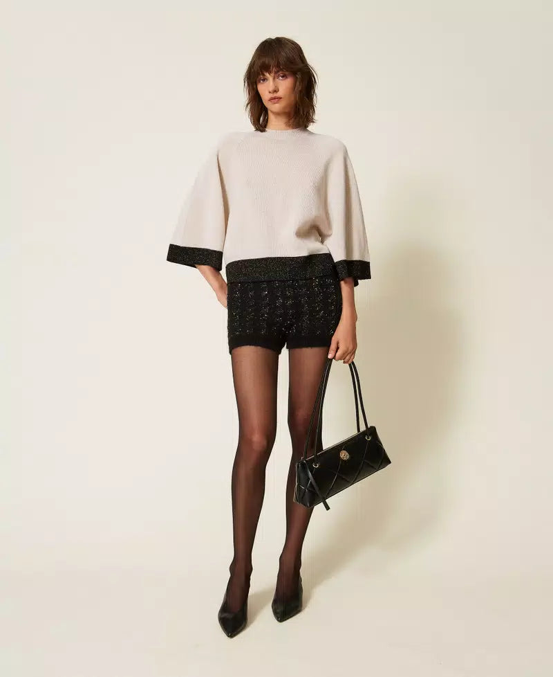 Twinset Cropped Wool and Cashmere Jumper with Lurex - Parchment Gold/Black