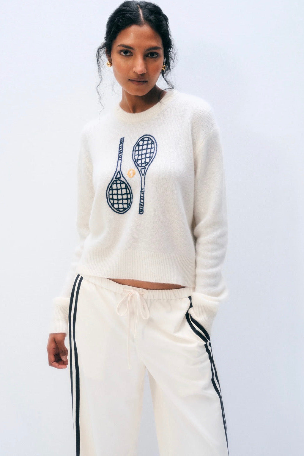White + Warren Cashmere Tennis Racquet Sweatshirt Soft White Combo