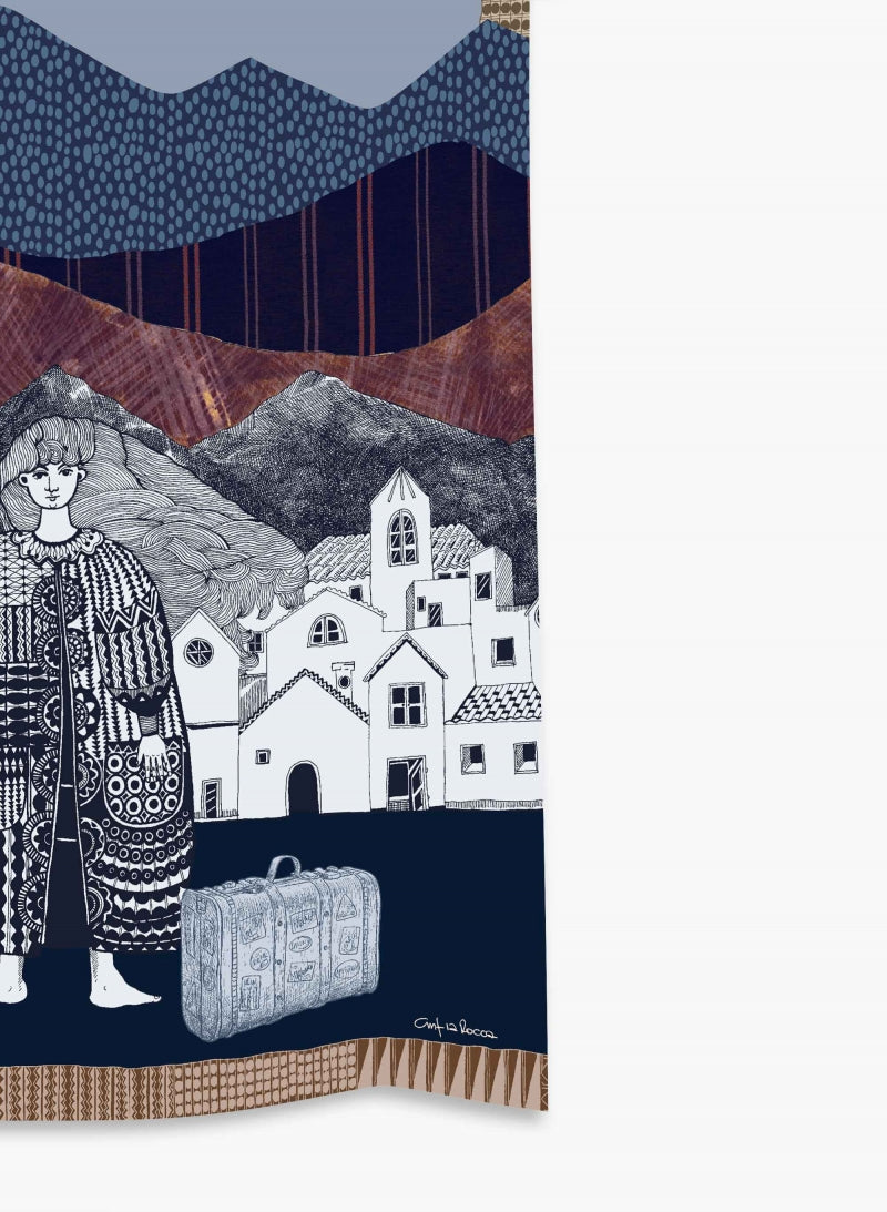 Cinzia Rocca Blue Twill Silk Scarf With Woman and a Landscape - Blue