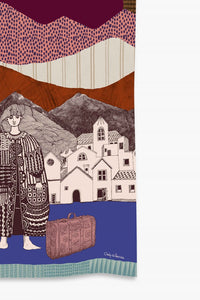 Cinzia Rocca Burgundy Twill Silk Scarf With Woman and a Landscape - Bordeaux