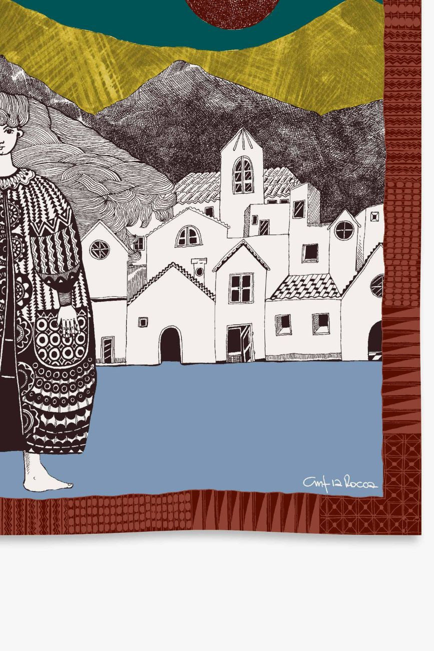 Cinzia Rocca Small Twill Silk Scarf With Woman and a Landscape - Yellow