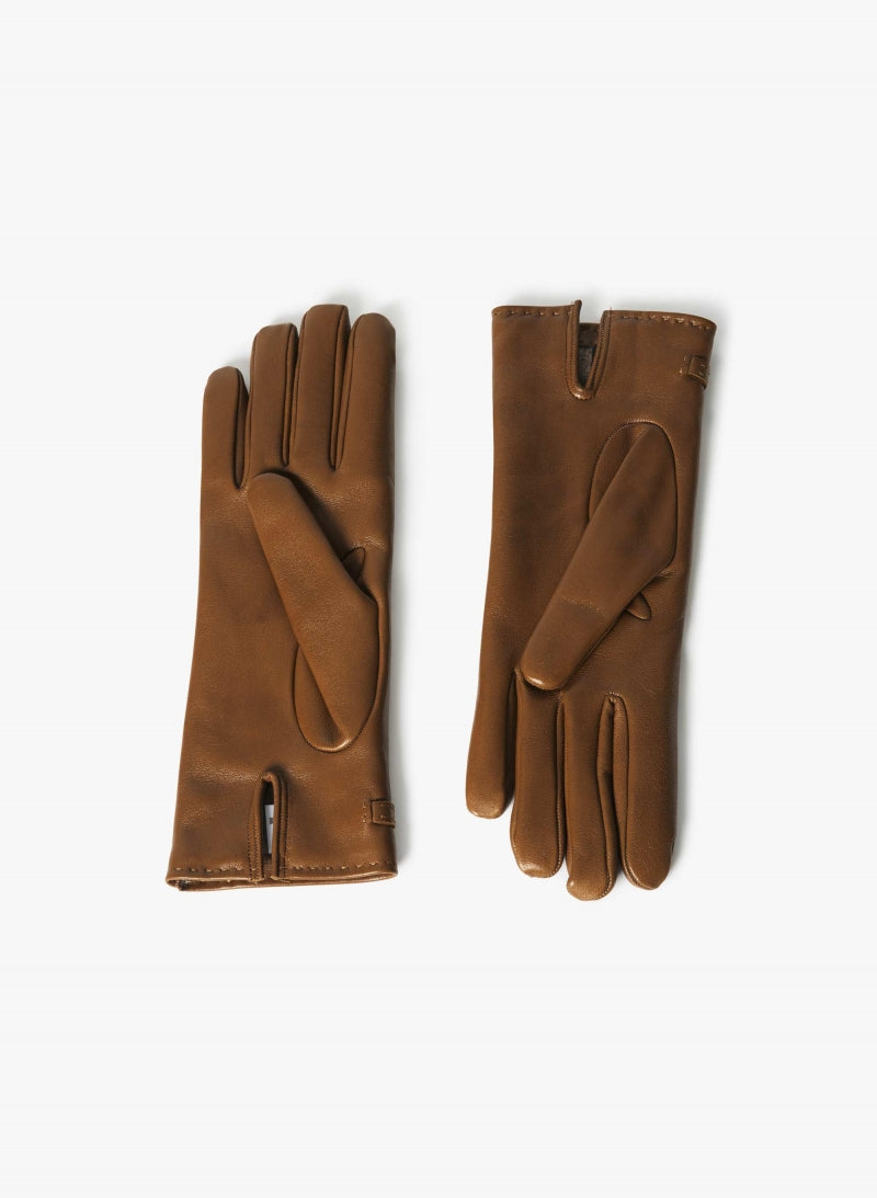 Cinzia Rocca Nappa Leather Gloves with Band and Hook Tobacco