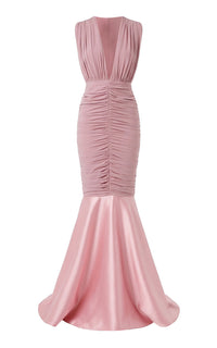 Greta Constantine Mergan Draped V-Neck Gown with Flounce Malva/Rose