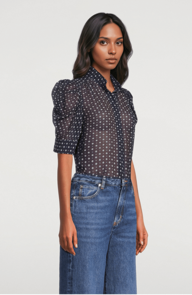 Frame The Tie Print Gillian Blouse Navy Multi