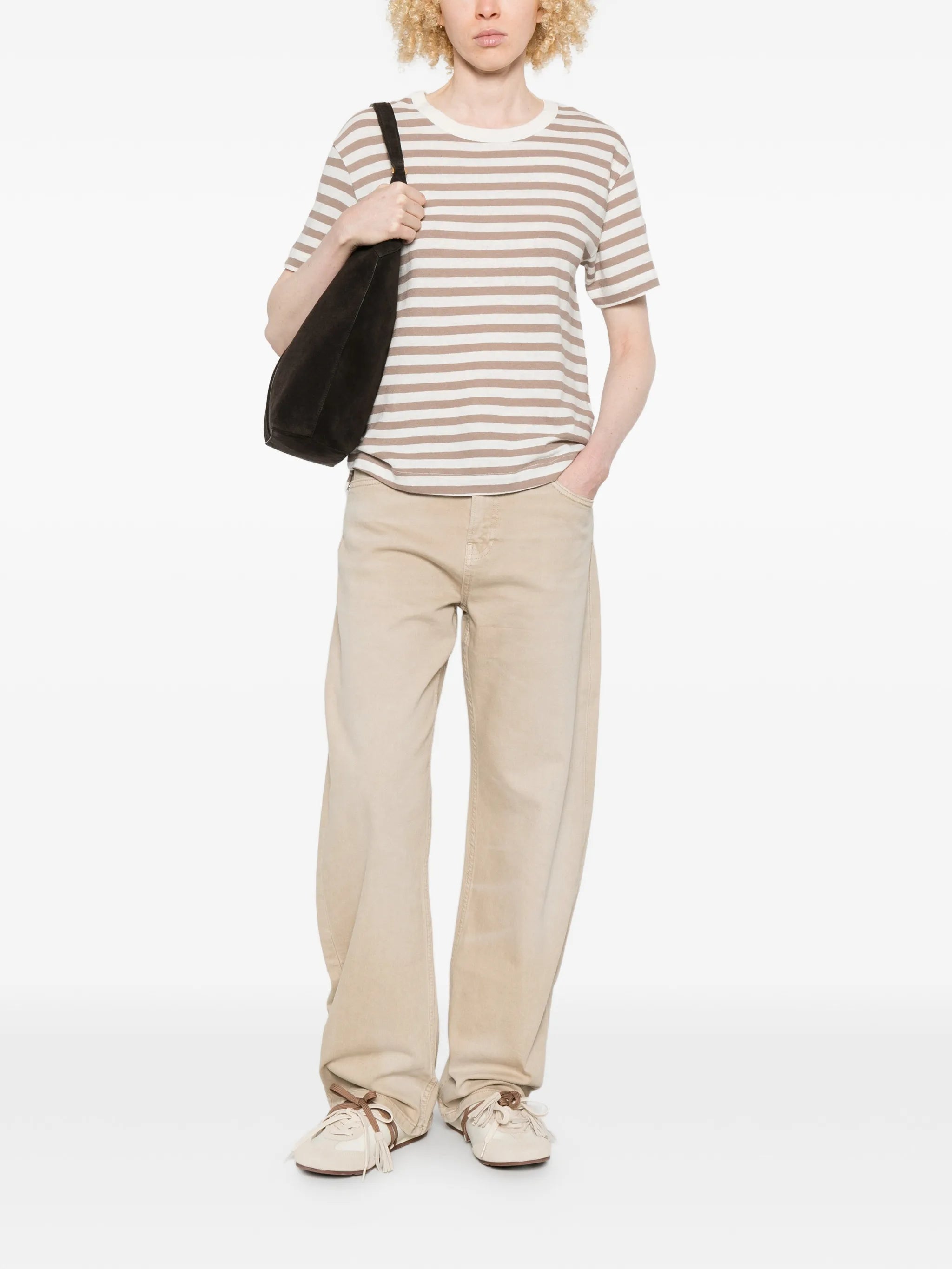Majestic Filatures Cotton Linen Novelty Stripe S/S Crewneck Coffee Latte