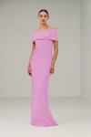 Catherine Regehr Off Shoulder Roll Collar Gown with Apple Blossom Spray